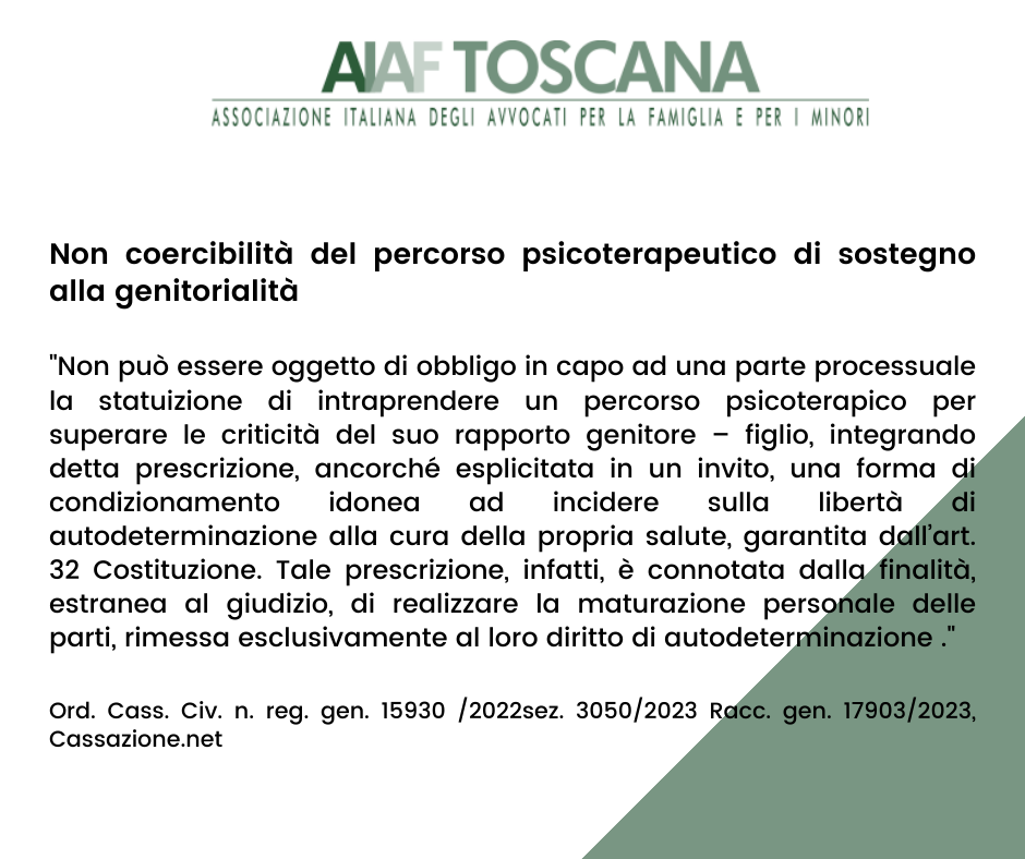Rassegna Giurisprudenziale: Non coercibilità del percorso psicoterapeutico di sostegno alla genitorialità